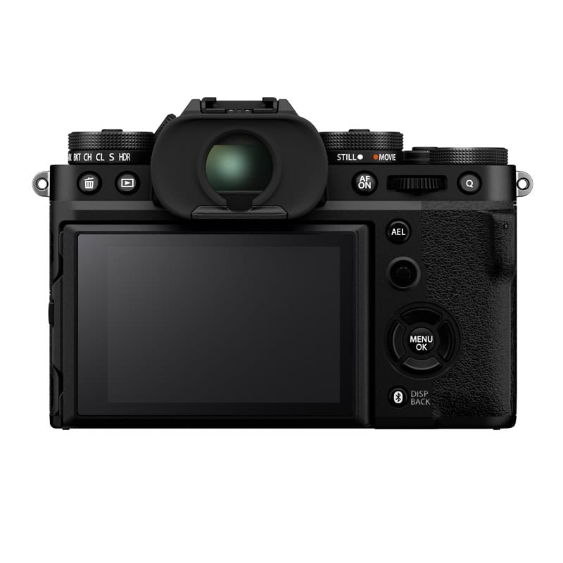 Schwarzes Fujifilm X-T5 Gehäuse mit LCD-Display und Bedienelementen.