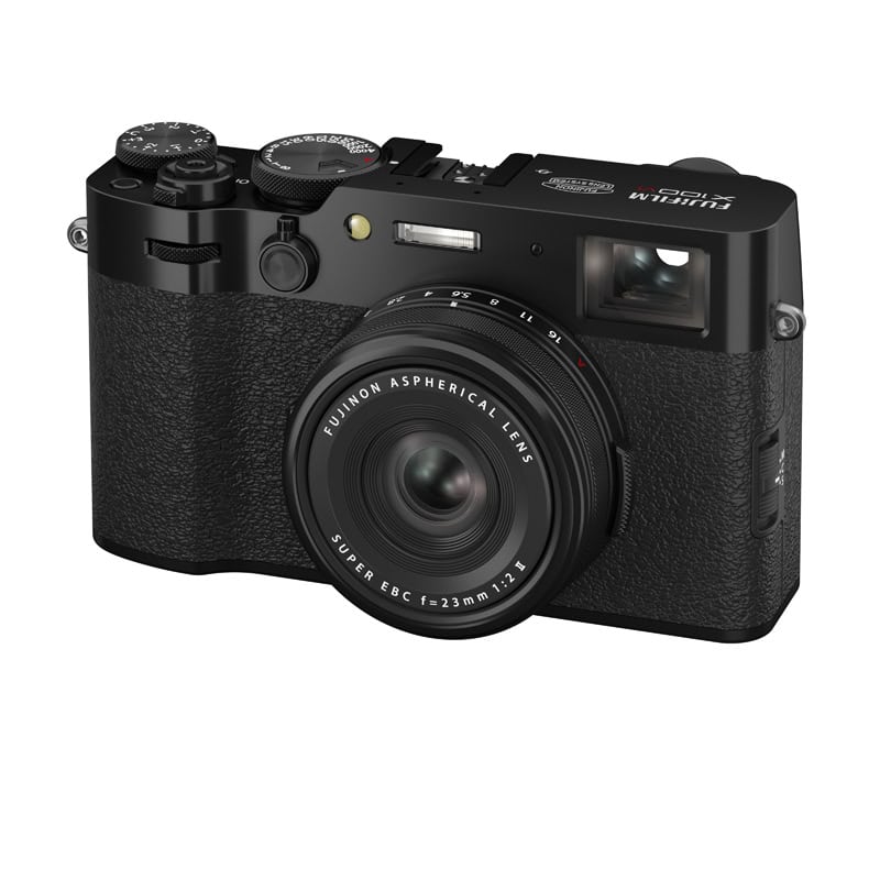 Fujifilm X100VI schwarz Kompaktkamera mit 23mm Objektiv.