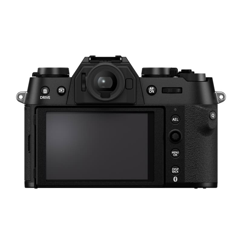 Fujifilm X-T50 Kamera mit 15-45mm Objektiv in Schwarz.