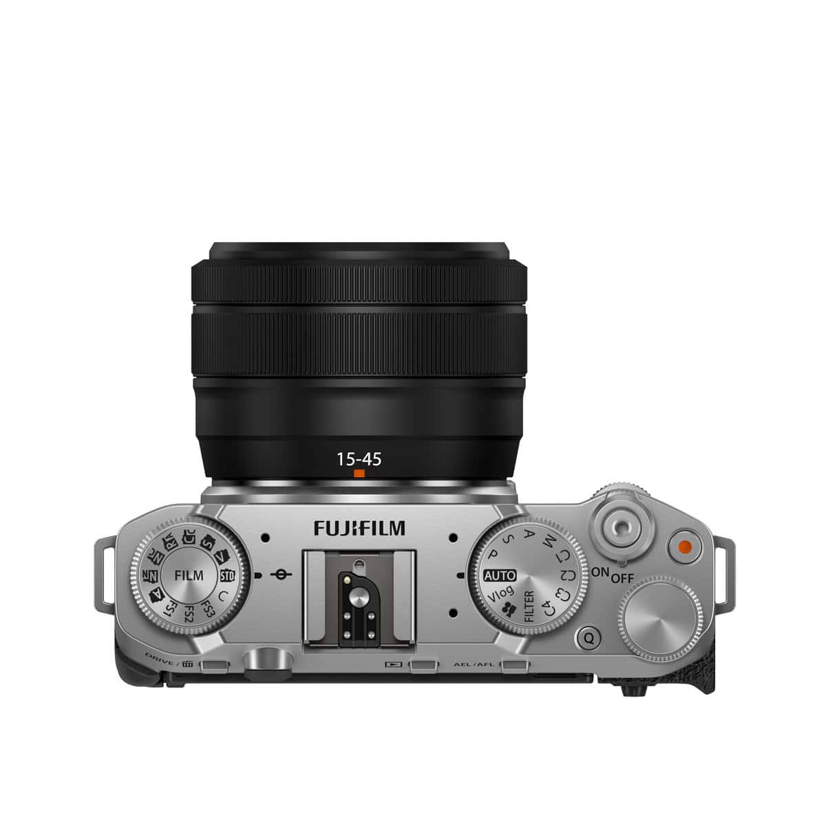 Fujifilm X-M5 Kamera mit 15-45mm Objektiv in Silber.