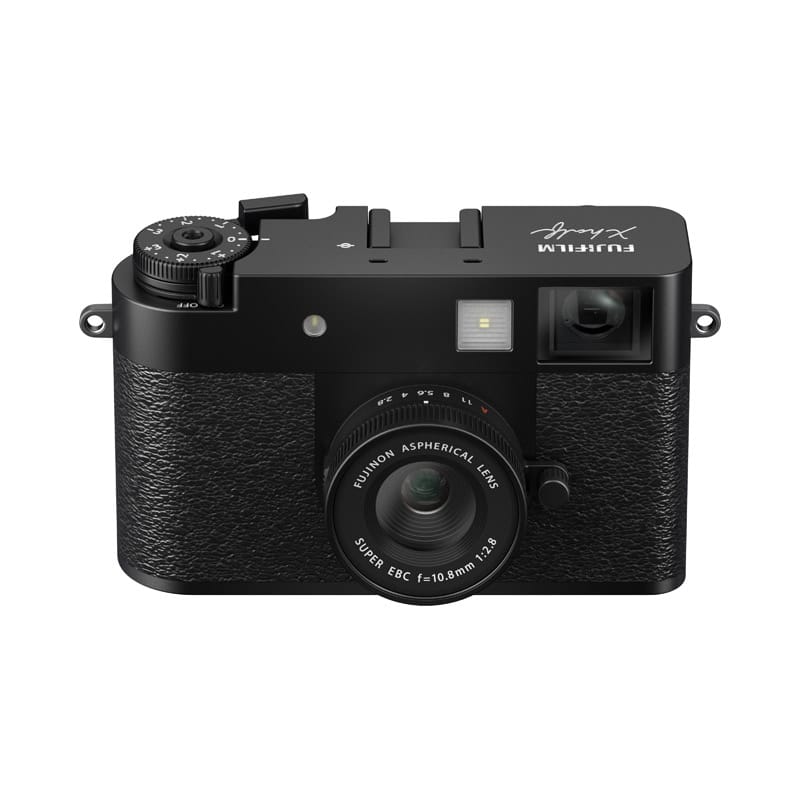 Fujifilm X-HF1 Kamera in Schwarz mit integriertem Objektiv.