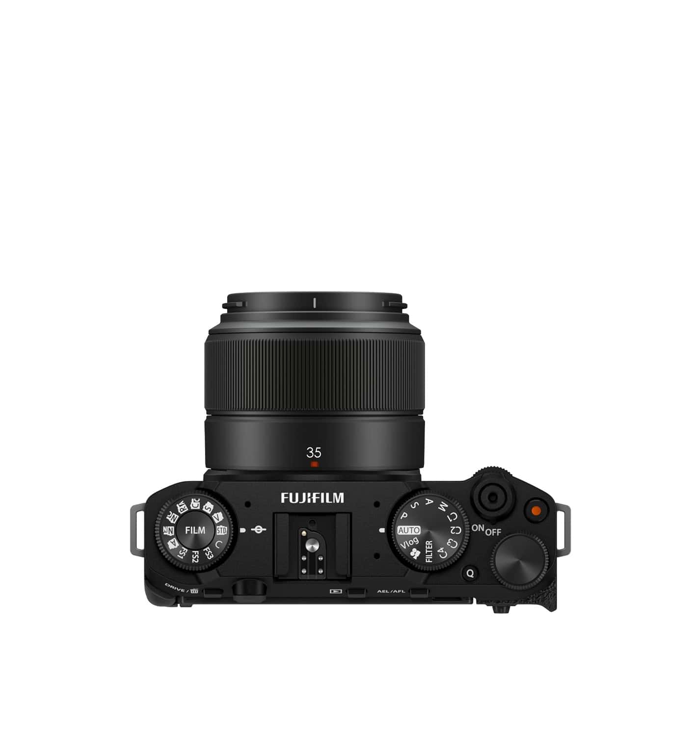 Fujifilm X-M5 Kamera mit XC 35mm F2 Objektiv in Schwarz.
